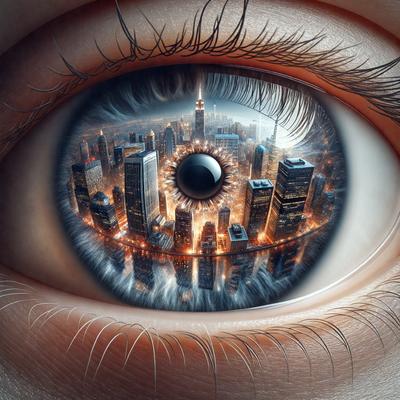 The primary subject of the image is a close-up of a person's eye, which is looking at a cityscape. The setting is a city, with tall buildings and a skyline visible in the background. The visual style is a digital art or illustration, creating a unique and intriguing perspective of the city. The colors and mood of the image are vibrant and lively, capturing the essence of a bustling urban environment.